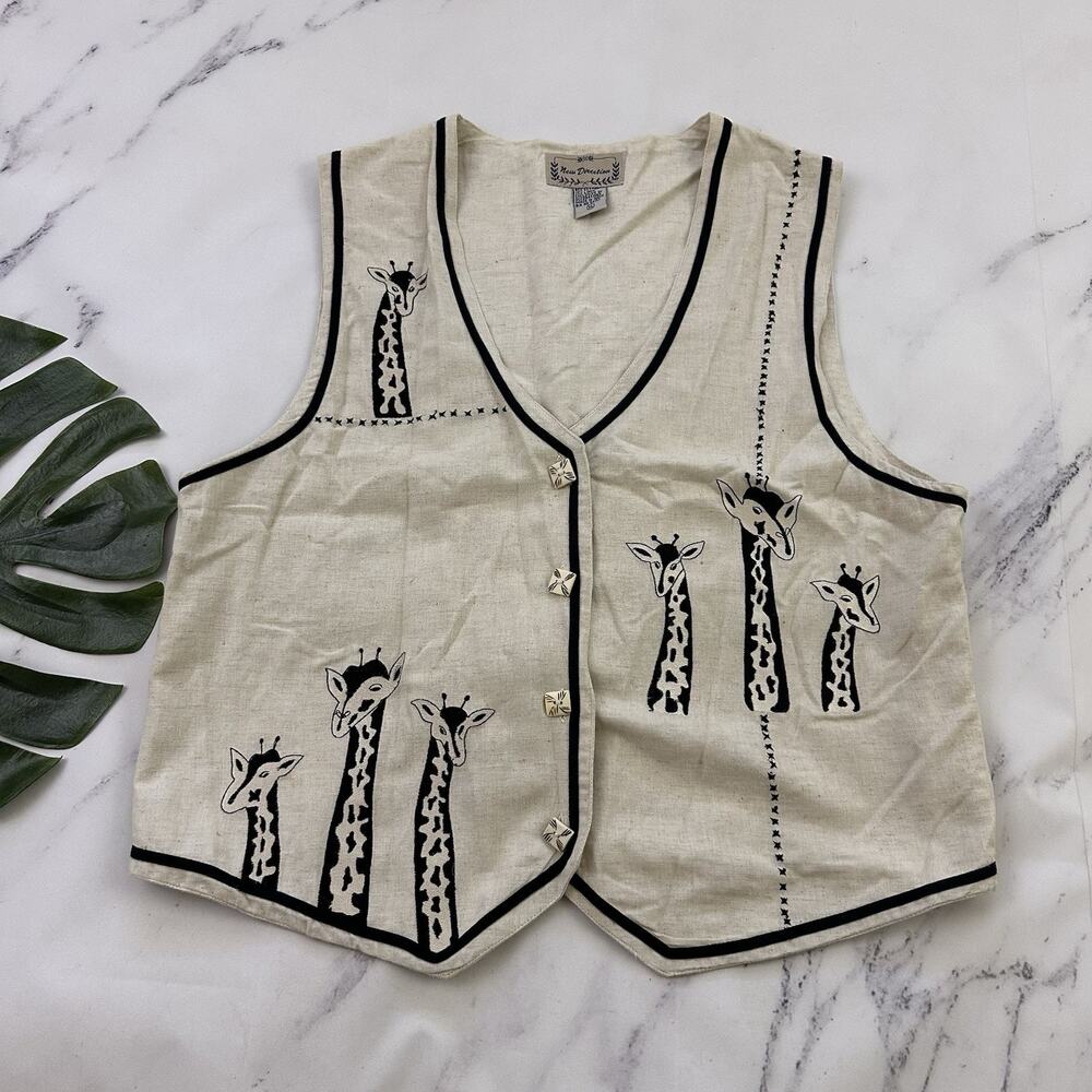 New Directions Womens Vintage 90s Linen Vest Size XL Giraffe Animals Embroidered